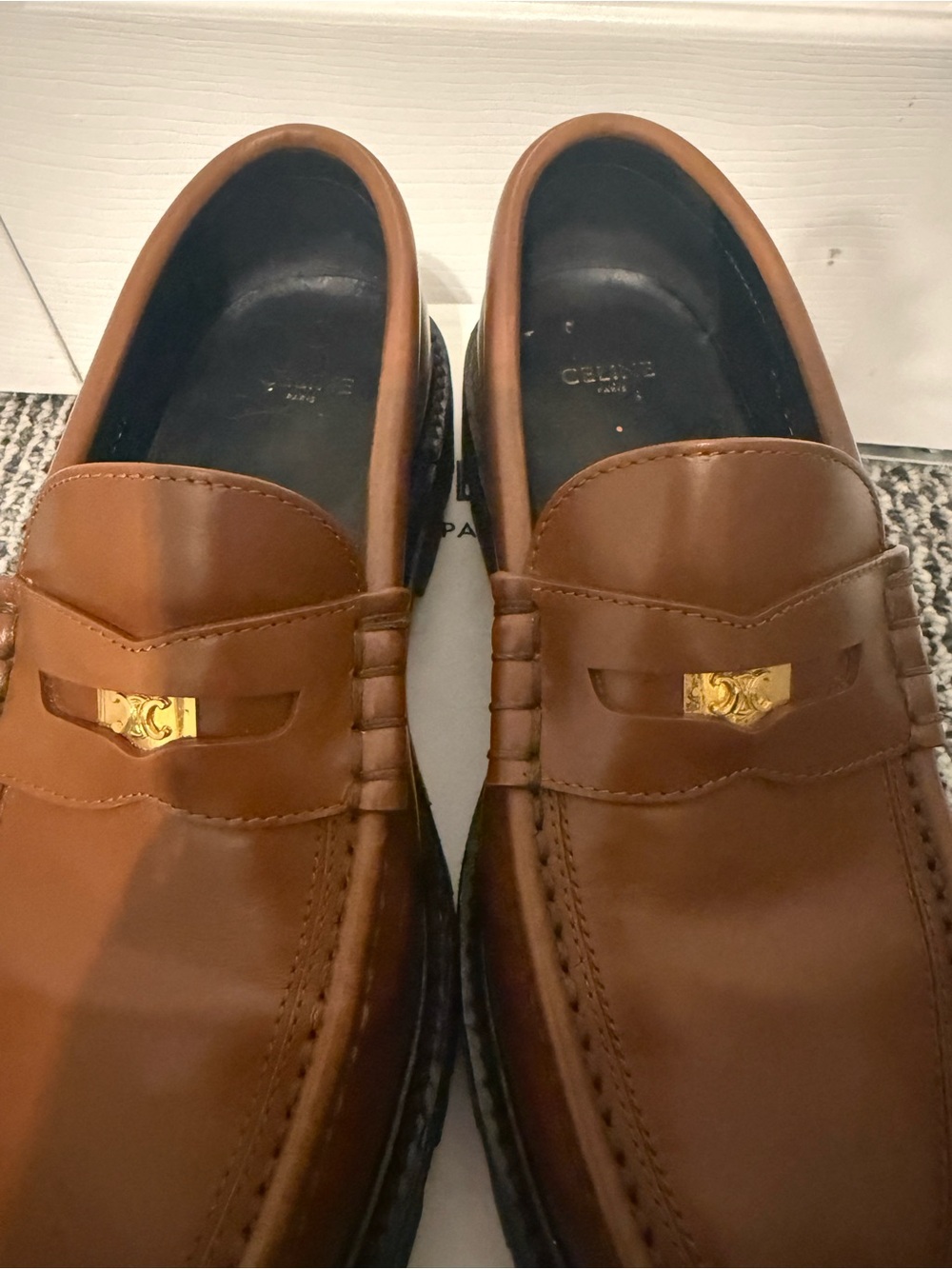 Celine Tan Leather Penny Loafers with Gold Thriomphe size 38 US 8 w/receipt - Picture 7 of 13